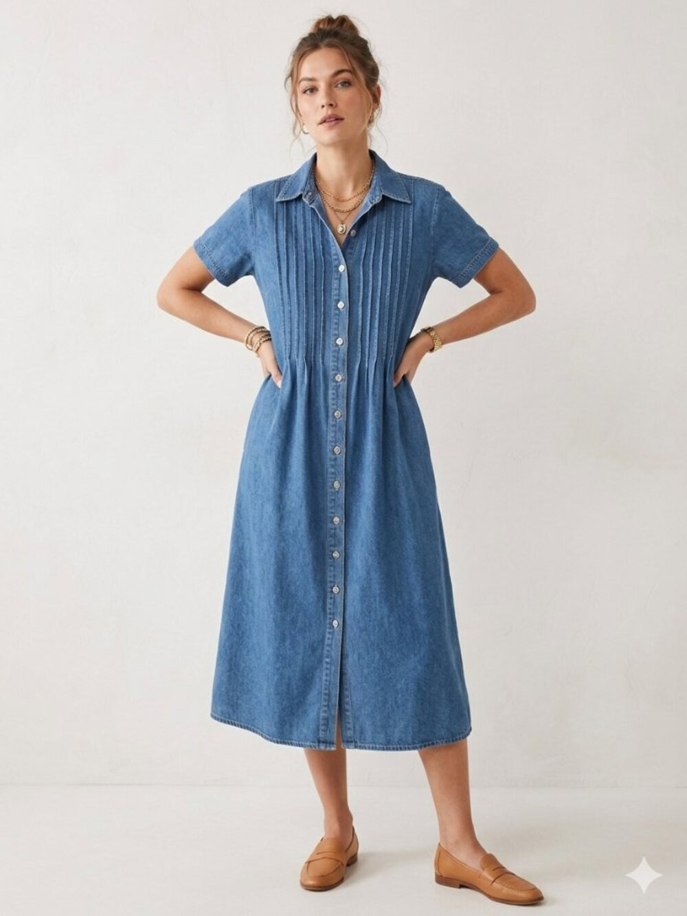 VTG True Blue Denim Midi Shirt Dress with Button Front Sz S